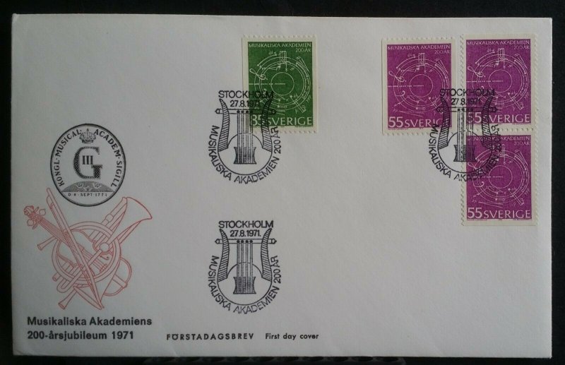 SWEDEN 1971 Academy of Music FDC First Day Cover with All Non Perf Varieties 