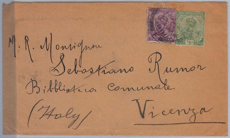 British INDIA -  POSTAL HISTORY : Cover  to Vicenza  ITALY 1921