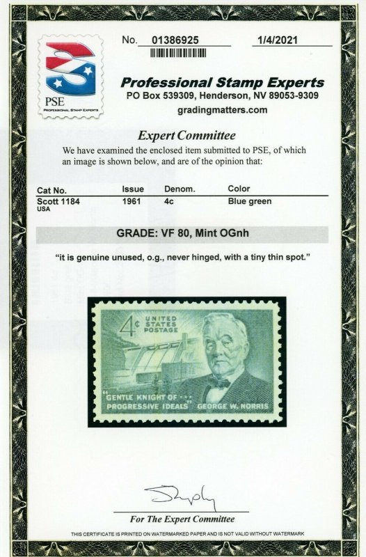 US Stamp #1184 Senator George W. Norris - PSE Cert - VF-80 - MOGNH 