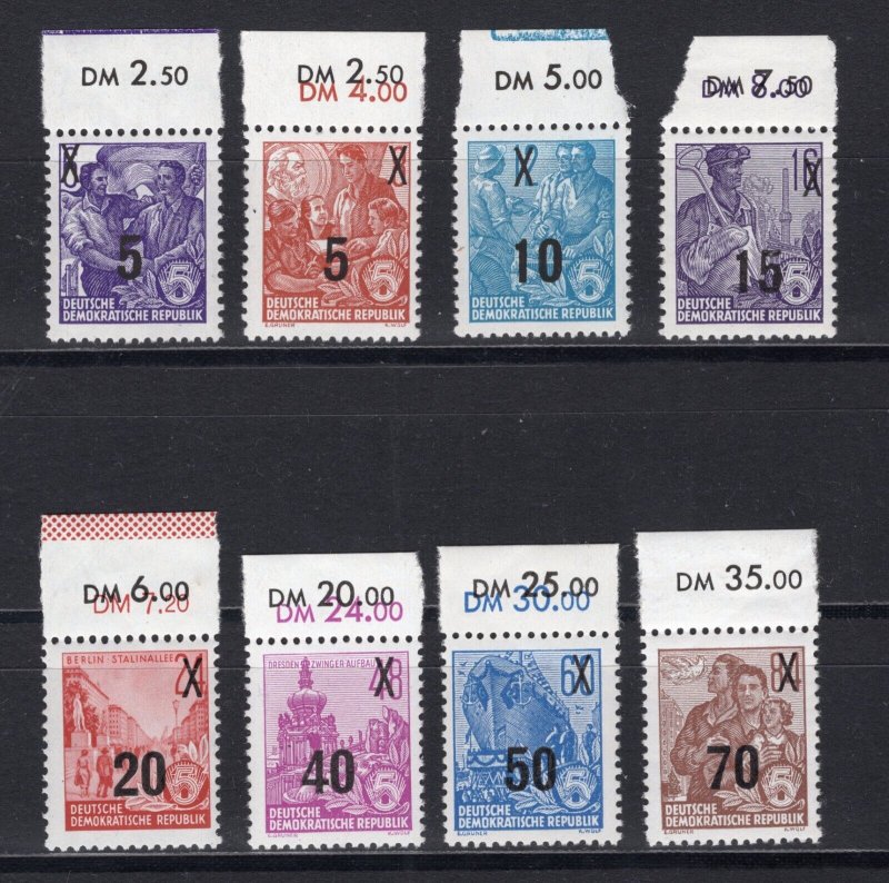 GERMANY DDR DEMOCRATIC REPUBLIC 1955 216-223 OVPTS UPPER MARGINS PERFECT MNH