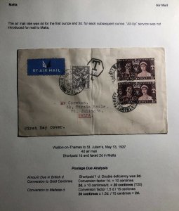 1937 Surrey England First Day Cover To Malta Postage Due King George Coronation