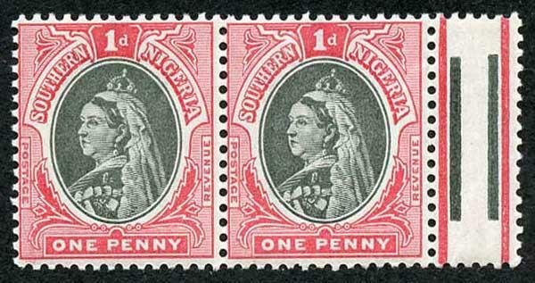 Southern Nigeria SG2 1d Black and carmine U/M Pair Fine and Fresh