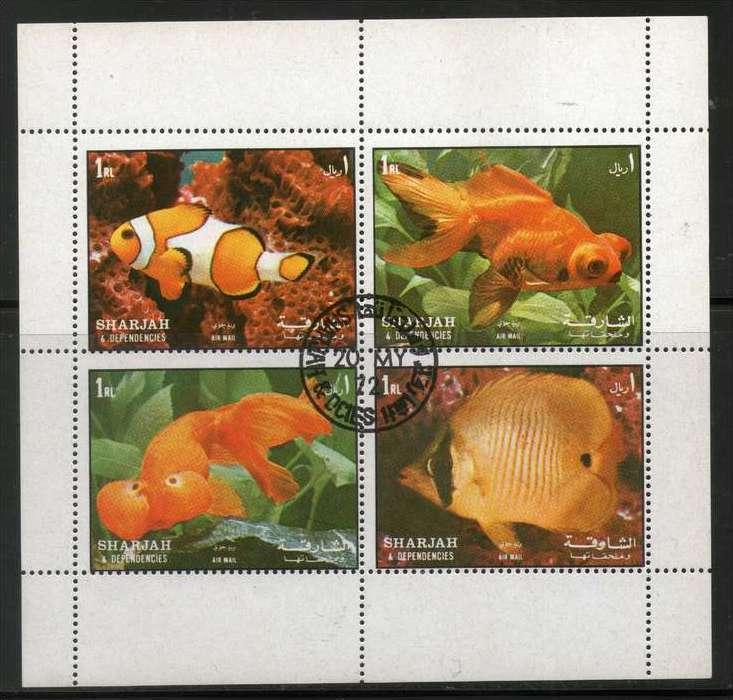 Sharjah - UAE 1972 Marine Life Aquarium Fishes Fauna Sheetlet Cancelled # 7961