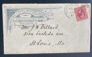 1891 Burlington VT USA Hotel  Advertising Cover To St Louis MO