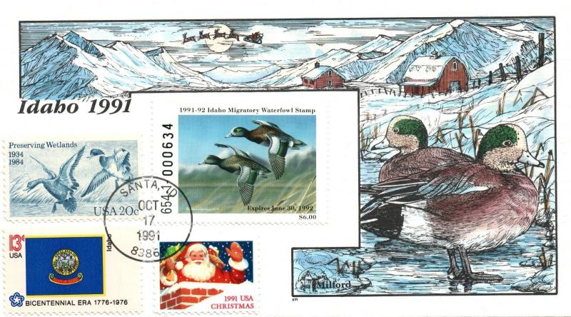 1991 Santa Idaho USA Duck Stamp Milford Hand Painted First Day Cover