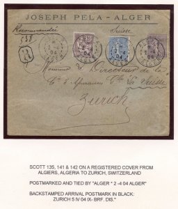 ALGERIA 1904 REGISTERED COVER ALGIERS TO ZURICH SWITZ FRANKED SCOTT #135& 141/42