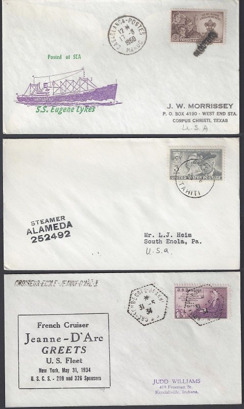 US FRANCE 1930 50 THREE SEA POST PAQUEBOT COVERS FRENCH CRUISER JEAN DARE SS ALA