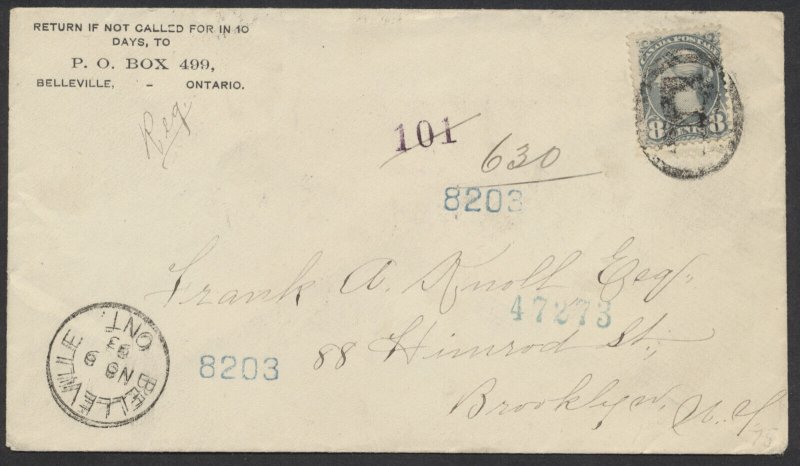 1893 #44 8c SQ Registered Cover Belleville ONT (Hastings) to USA RPO