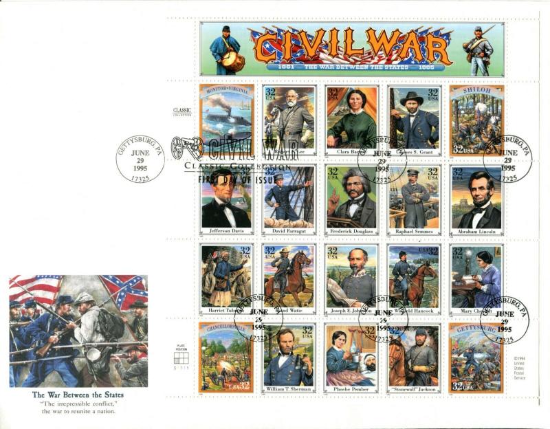 USA #2974 First Day Issue CIVIL WAR Pane of 20 Cover Stamps 32¢ Postage 1995