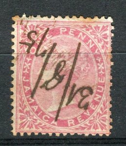 JAMAICA; 1880s classic early QV Revenue . issue used Shade of 1d. value