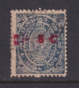 Travancore (India States), Scott 20b (SG 32e), used, DOUBLE Surcharge (sm crease