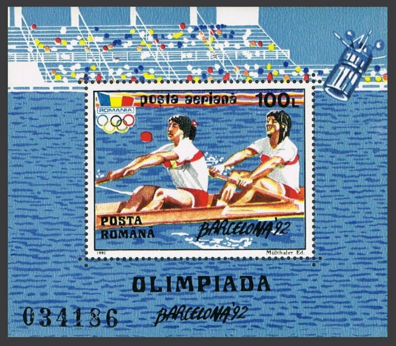 Romania 3757,MNH.Michel 4711 Bl.274. Olympics Barcelona-1992.Rowing.