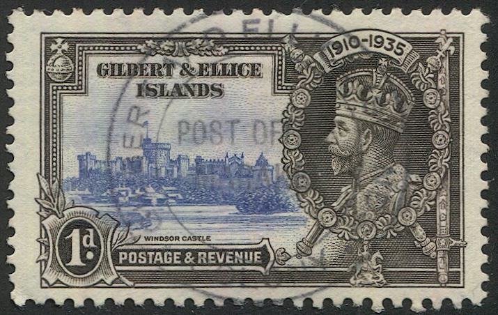 GILBERT & ELICE IS. 1935 1d KGV  Sc 33 Used VF, Silver Jubilee, Marakei postmark