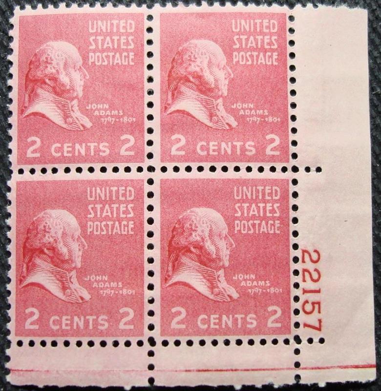 US #806 *MH* Plate Block of 4, John Adams L12