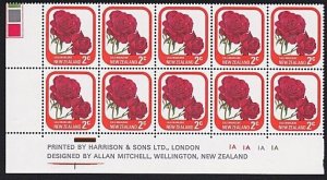 NEW ZEALAND 1975 2c Roses plate block 1A MNH...............................A4693