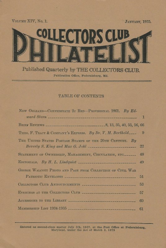 Lot of 10 Early Issues, Collectors Club Philatelist, July 1934 - Oct. 1938 