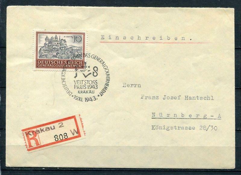 Poland GG/Germany 1943 Cover Mi 116 Single usage to Nurnberg. Signed. CV 380 eu