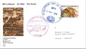 SCHALLSTAMPS GERMANY ECUADOR 1988 LUFTHANSA FIRST FLIGHT CACHET AIRMAIL POSTCARD