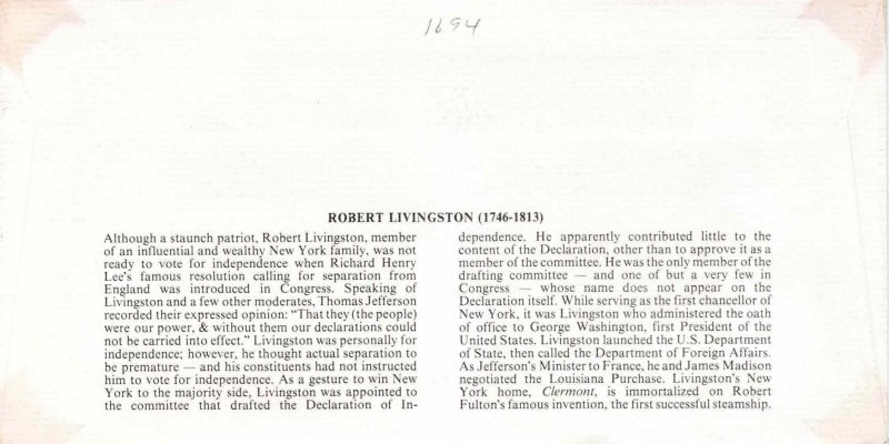 USA 1976 FDC Sc 1694 Livingston Fleetwood Cachet First Day Cover Bicentennial