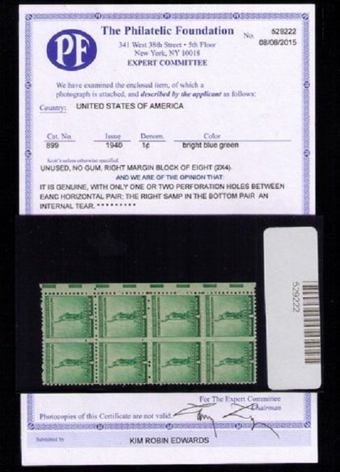 US Sc 899 Block W.PF Cert only 2 perf holes center F-VF