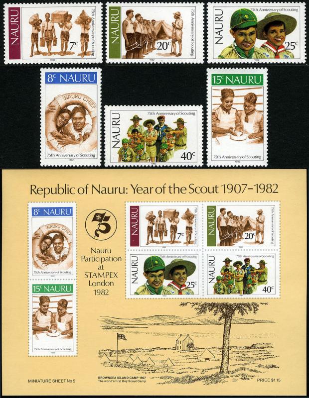 Nauru 244-249,249a S/S, MNH. Boy Scouts, 75th anniv. 1982