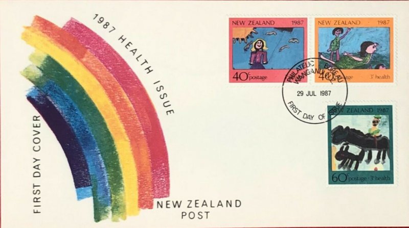 ZAYIX - 1987 New Zealand FDC - Health Issue - Children's Art - Rainbows - Horses 