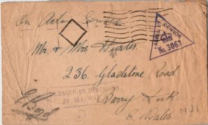 Great Britain Soldier's Free Mail 1941 to Barry, South Wales with purple boxe...