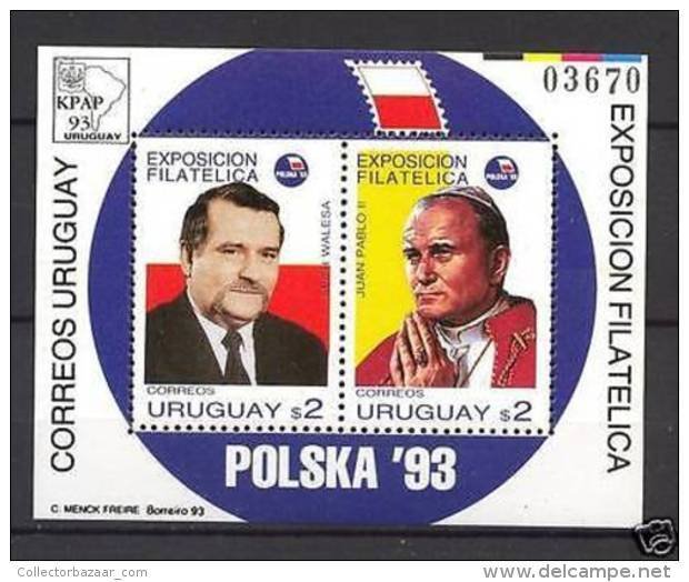 Lech Walesa Pope John Paul II Religion stamp expo Polska URUGUAY Sc#1445 MNH S/S