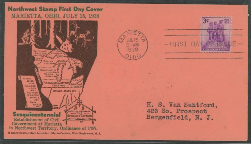 US 837 1938 3c Northwest Territory sesquicentennial on an addressed first day cover with a Pilgrim cachet.