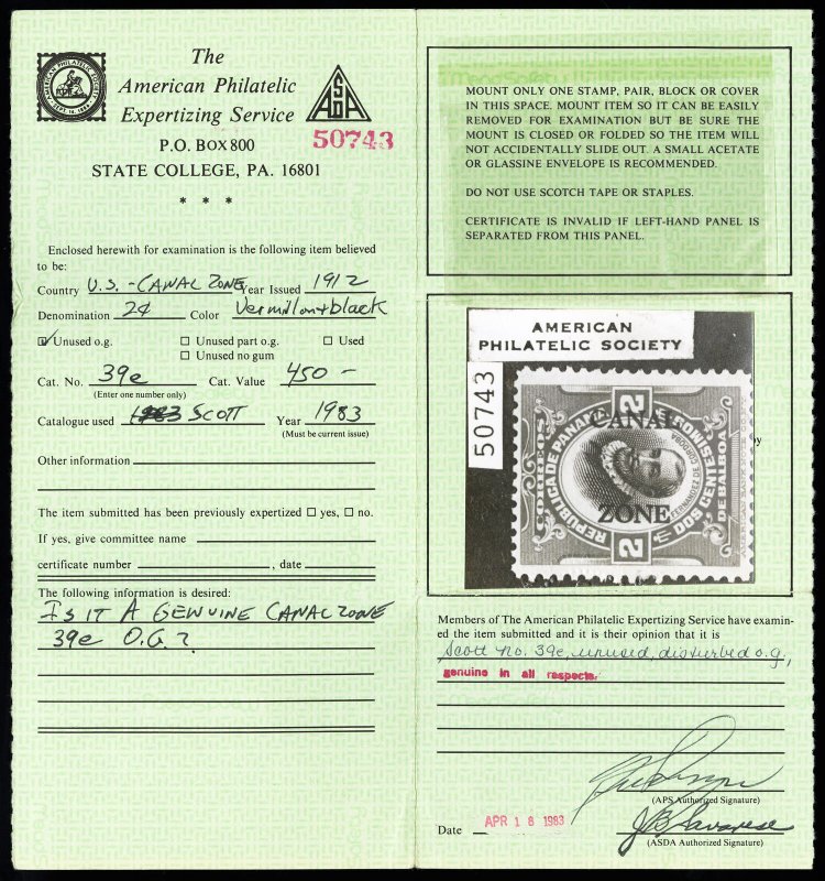 Canal Zone Stamps # 39e MNH With APS Certificate Scott Value $600.00