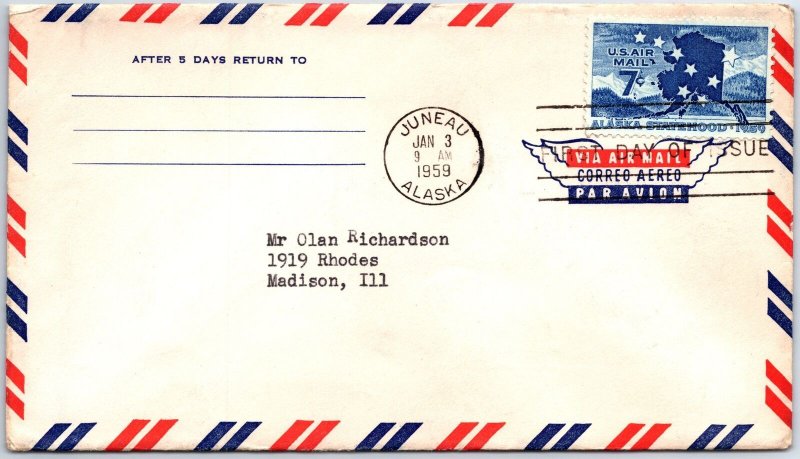 U.S. FIRST DAY COVER AIRMAIL C53 ADMISSION OF ALASKA TO STATEHOOD JUNEAU 1959