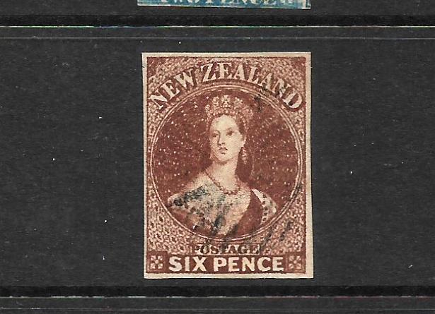 NEW ZEALAND 1862-64  6d  FFQ  FU  IMPERF 4 MARGINS SIGNED  SG 43  CP a5b4 CHALON