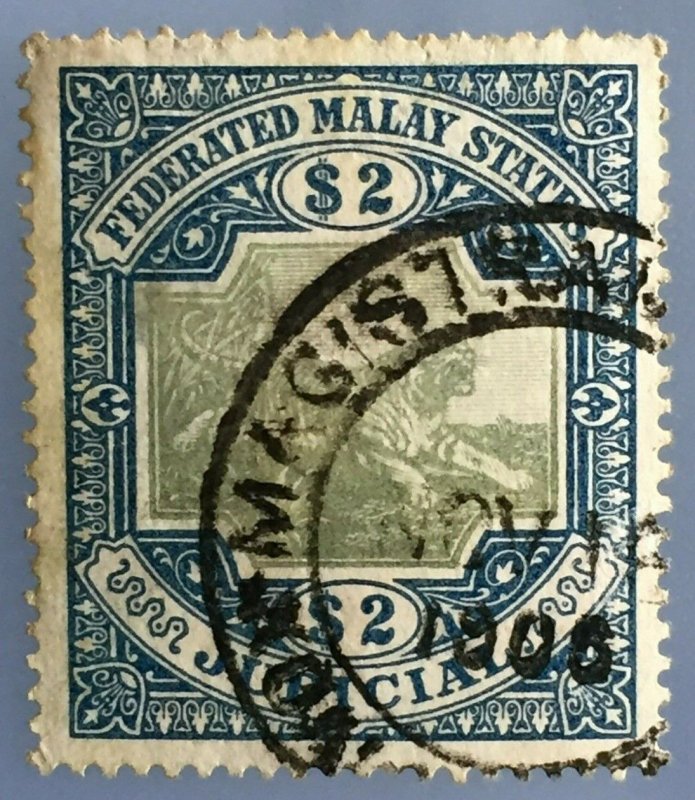 FEDERATED MALAY STATES FMS JUDICIAL TIGER 1900 $2 Wmk CC USED ISC#FJ24 M3374D