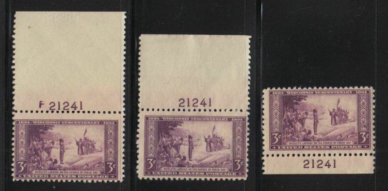 1934 Wisconsin Tercentenary 3c purple Sc 739 MNH matched plate number 21241 (D