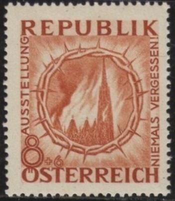 Austria B173 (mnh) 8g+6g anti-fascism: St. Stephen’s in flames, org red (1946)