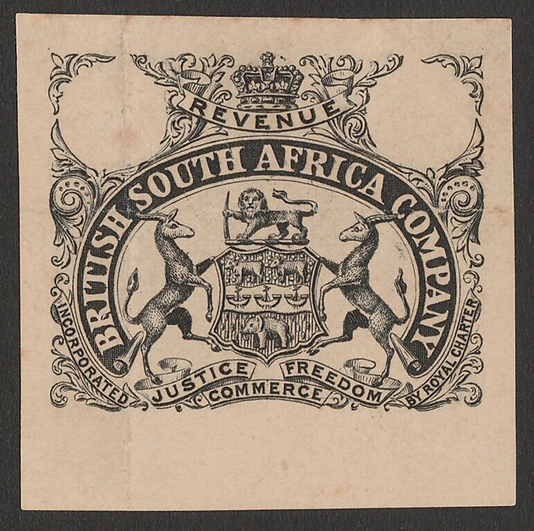 RHODESIA 1897 Arms Revenue (£50 - £200) imperf Die PROOF. Extremely rare.