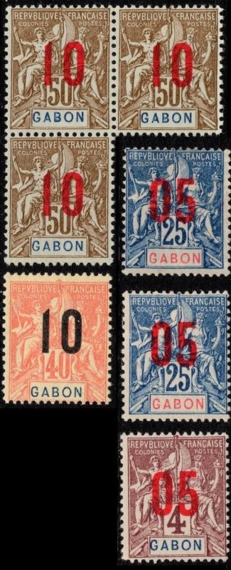 1912 Gabon Various Issues of 1904-1907 Surcharged Navigation and Commerce Set/7