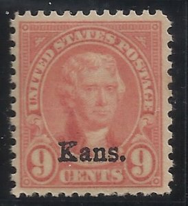 667  9c Kans Overprint MNH VF Centering