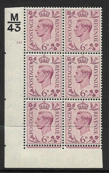 1938 6d Purple Dark colours m43 30 No Dot perf 2(I/E) block 6 UNMOUNTED MINT/MNH