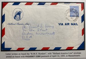 1955 Paqueboat Cobh Ireland Airmail Cover To Andover MA USA RMS Ryndam