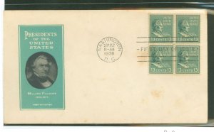 US 818 1938 13c Millard Fillmore (presidential/prexy series) block of four on an unaddressed first day cover with an Ioor cachet