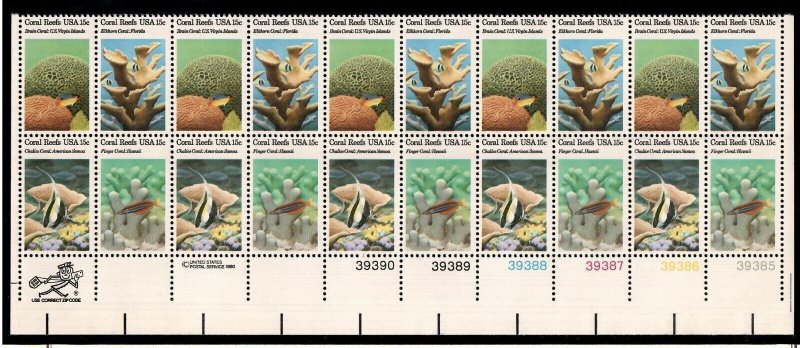 US # 1827 - 1830 , # 1830a , Coral Reefs , Se-Tenant P/B of 20 - I Combine S/H