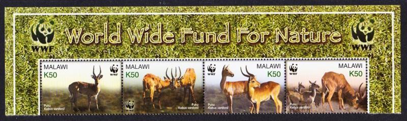 Malawi WWF Puku Top Strip of 4v with WWF Logo SG#1013-1016 MI#721-724 SC#714 a-d