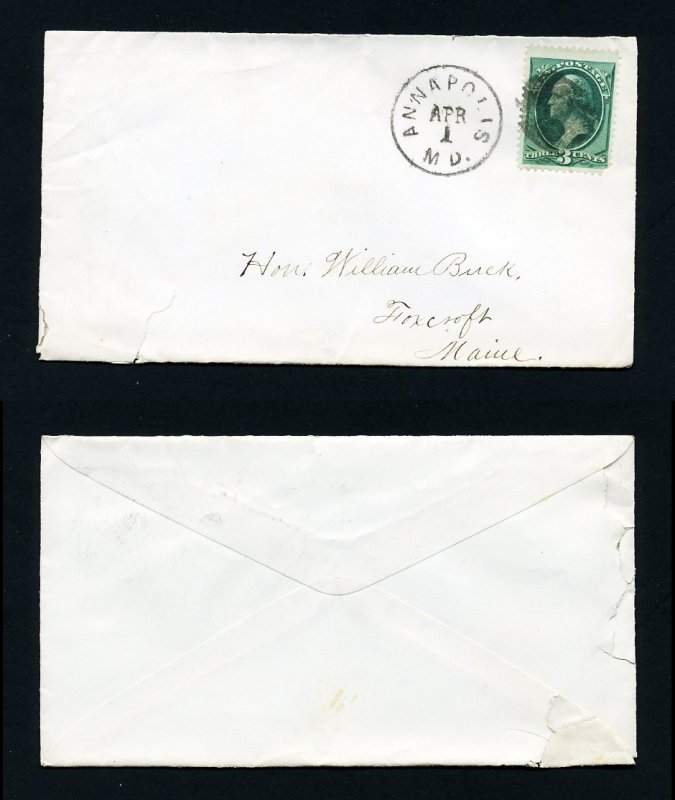 # 147 on cover from Annapolis, MD to Foxcroft, ME - 4-1-1870's