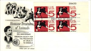 #1307 Humane Treatment of Animals PLATE BLOCK - Fleetwood Cachet DH