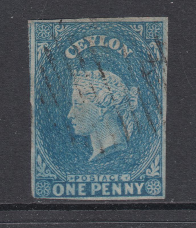 Ceylon Sc 3a used 1857 1p blue imperf Queen Victoria, VF