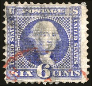 #115 6c Ultramarine 1869 Used Segmented Cork Cancel with a Touch of Red 