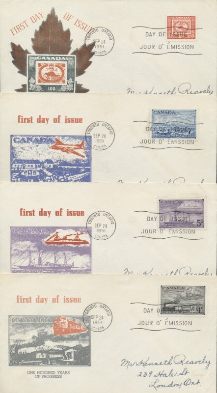 1951 #311-314 Set of 4 Stamp Centenary FDCs LithoArt Cachets Toronto CAPEX'78