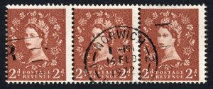 Dollis Hill 2d Light Red Brown No Wmk No Phos Strip of 3 Annotated 9/7 on Back