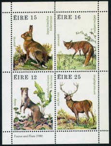 Ireland 483a sheet, MNH. Michel Bl.3. Irish Ermine, Hare, Fox, Red deer.1980.